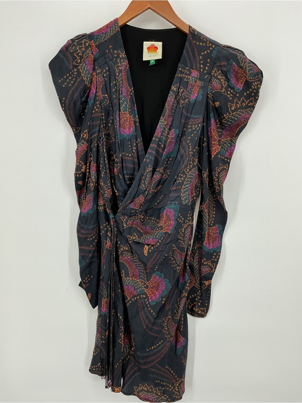 Farm Rio Toucan Paisley Wrap Midi Dress Puff Sleeve Black Multicolor XS - Picture 3 of 9